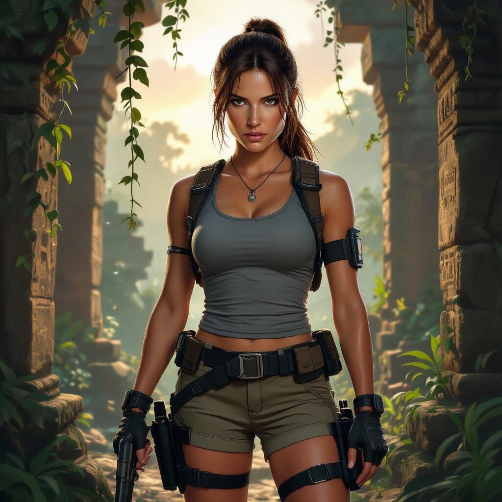 Lara Croft in Jungle Ruins: Photorealistic Portrait