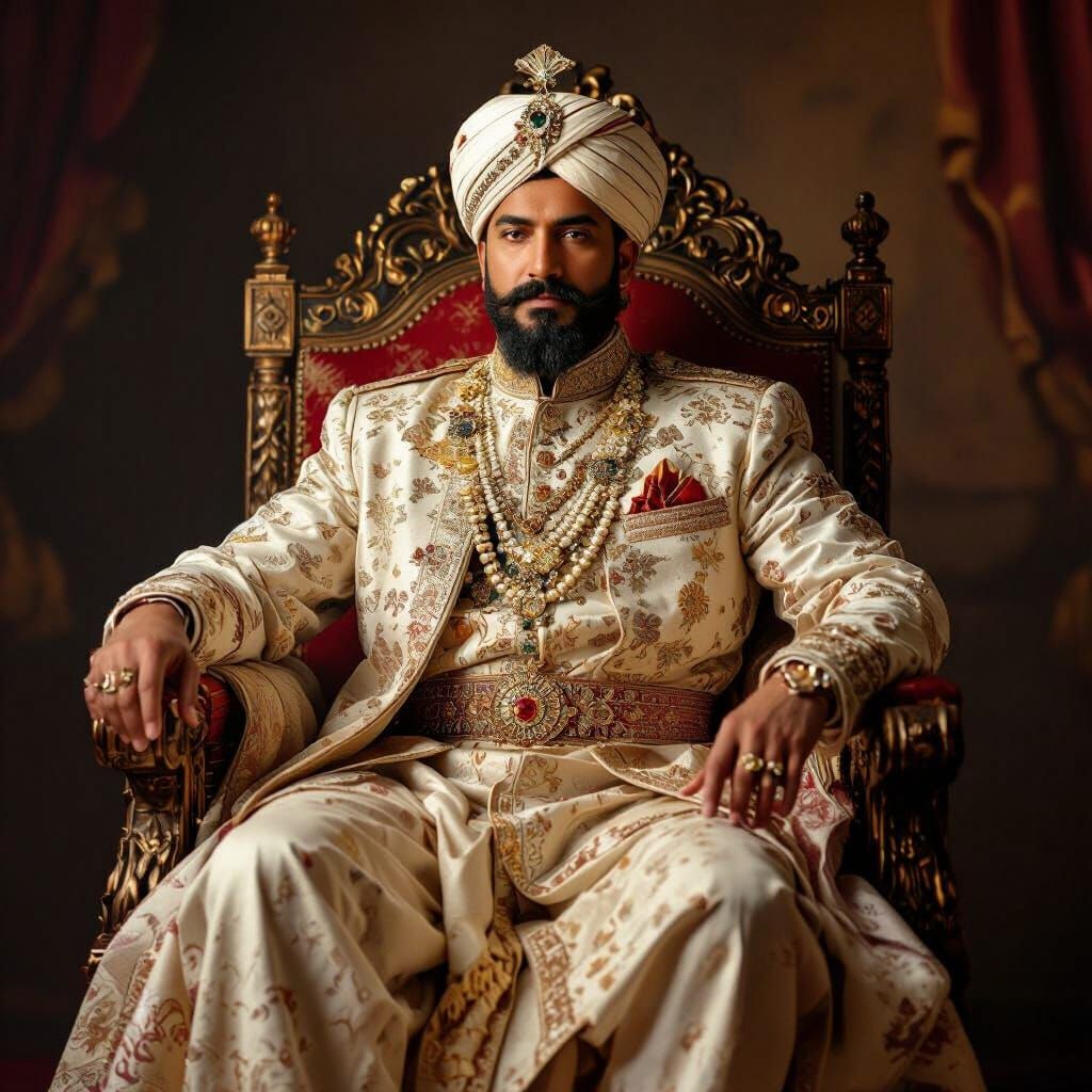 Mir Osman Ali Khan Seated on Throne in Royal Attire