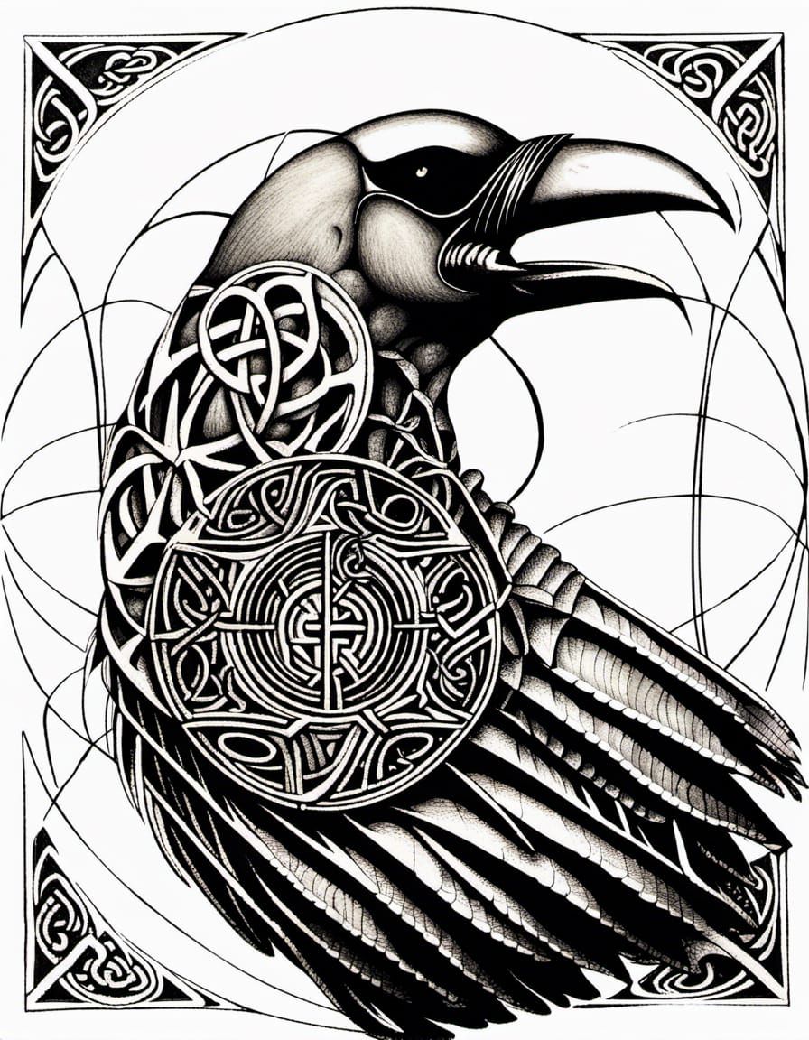 Anthropomorphic Crow Technical Drawing with Celtic Runes