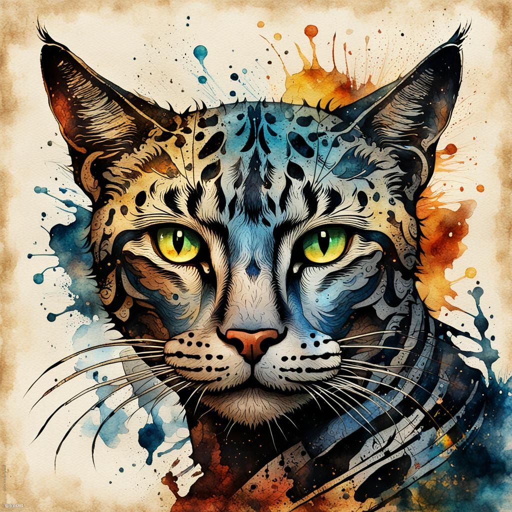 Mythical Cat on Vintage Papyrus: Watercolor and Ink