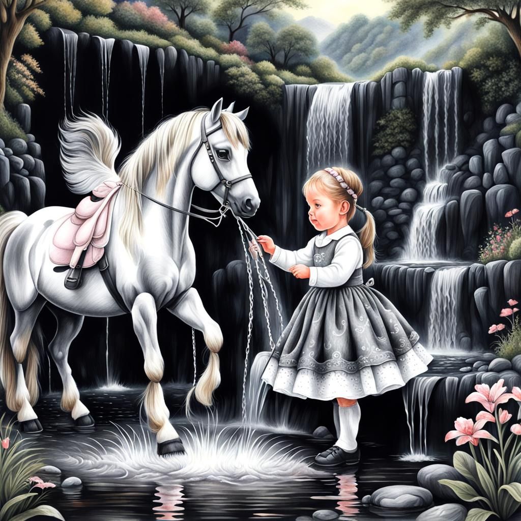 Babies and Ponies in Waterfall Garden: Charcoal Drawing
