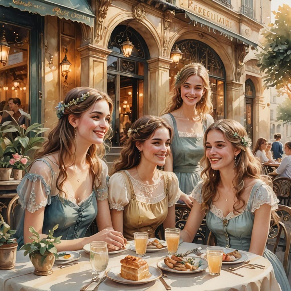 Girls at French Cafe: Whimsical Watercolor Illustration