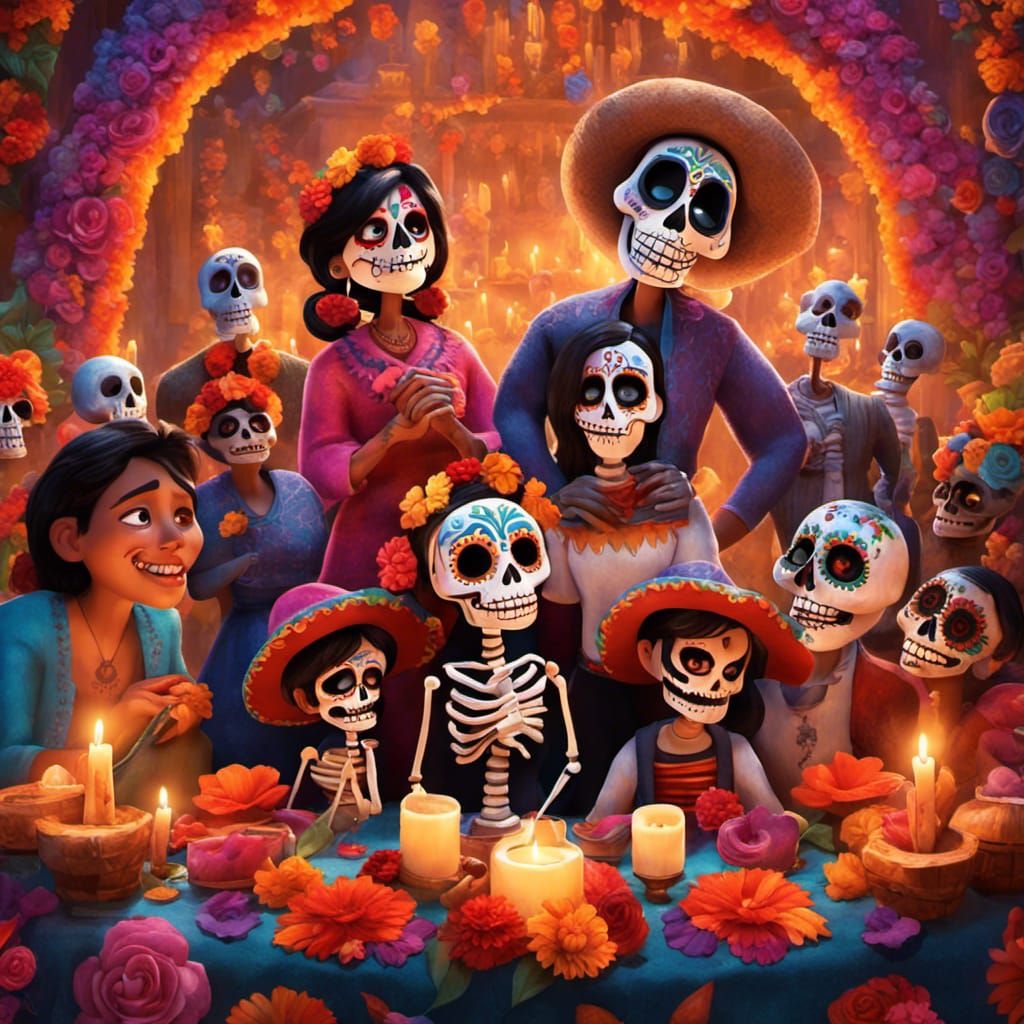 Vibrant Day of the Dead Celebration in Pixar Style