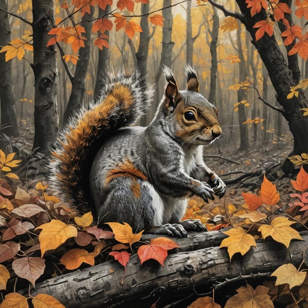 Hyperdetailed Charcoal Squirrel Portrait in Autumn Colors