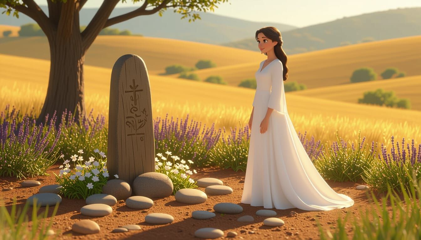 Pixar-Style Memorial Scene with Serene Woman
