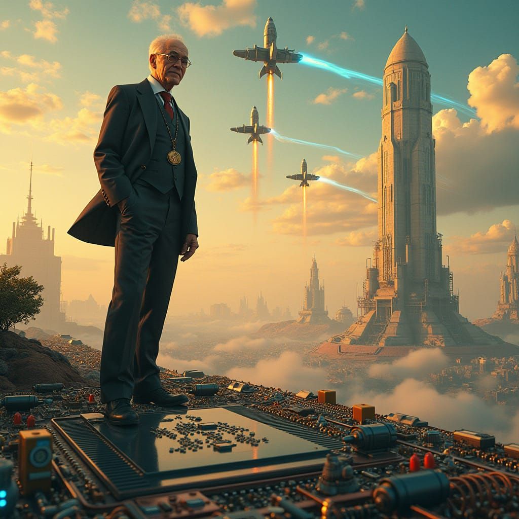 Elderly Gentleman Stands Proud on Futuristic Circuit Board C...