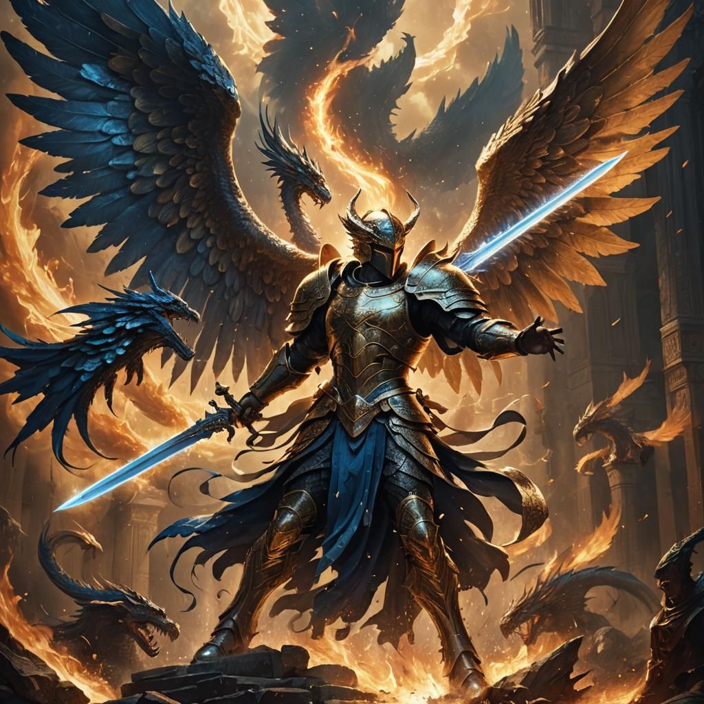 Angel Defeats Dragon in Dark Fantasy Art