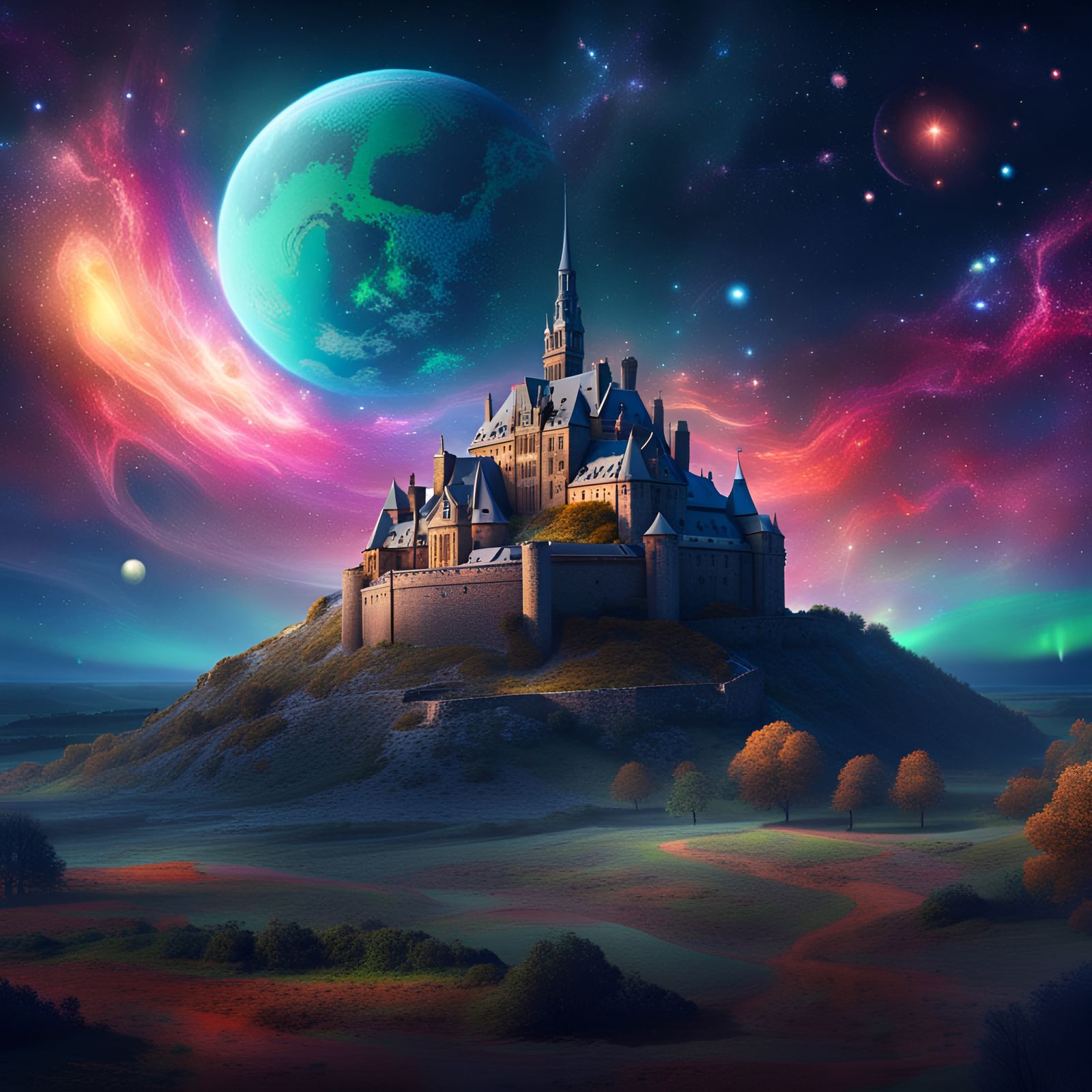 Cosmic Castle Amidst Aurora Borealis, Digital Illustration