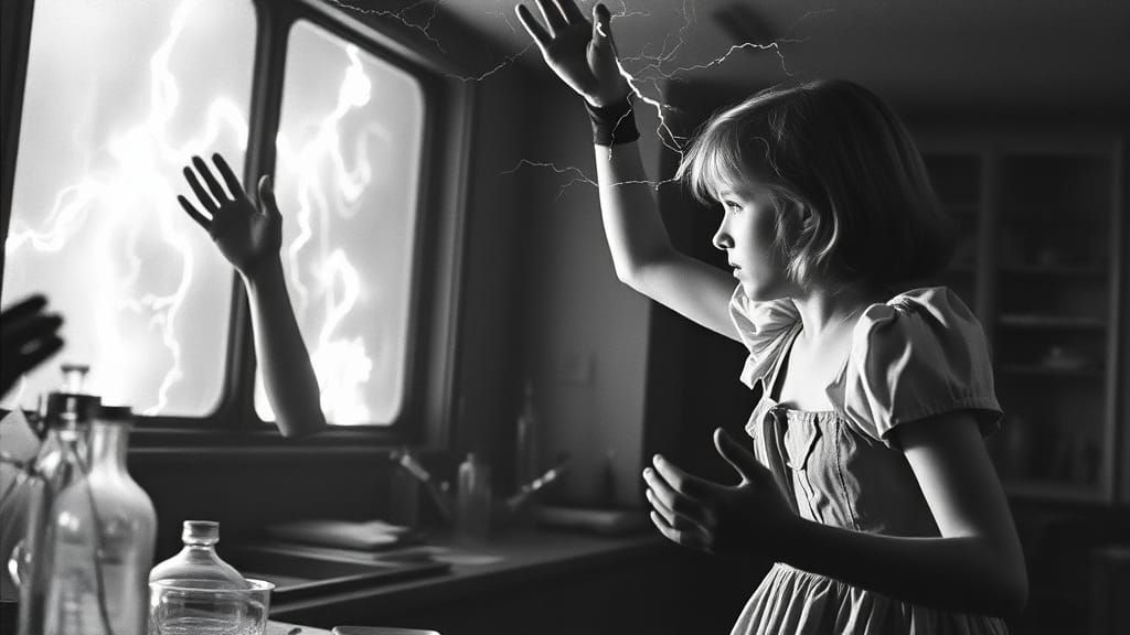 A grainy monochrome still from an old german expressionist film with the camera tilted showing alice in wonderland being...