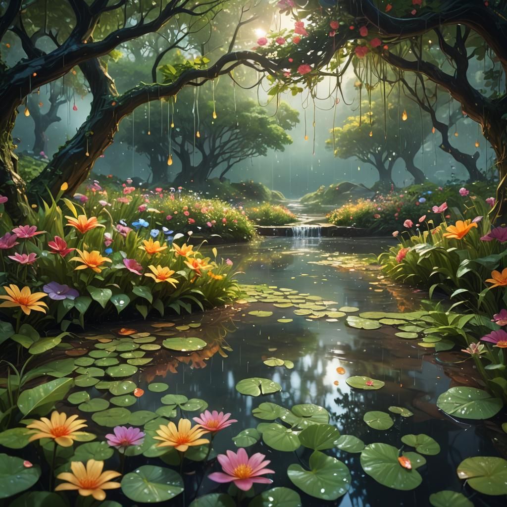 Lush Fantasy Landscape with Gentle Rainfall