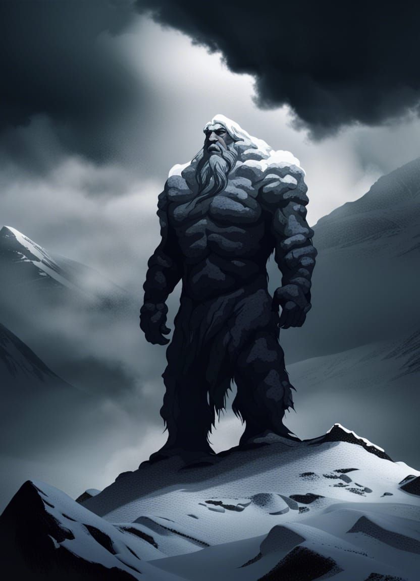 Snow Giant in Desolate Mountains During Storm