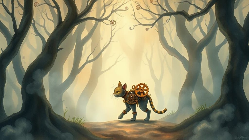Clockwork Cat in Iridescent Fog Forest
