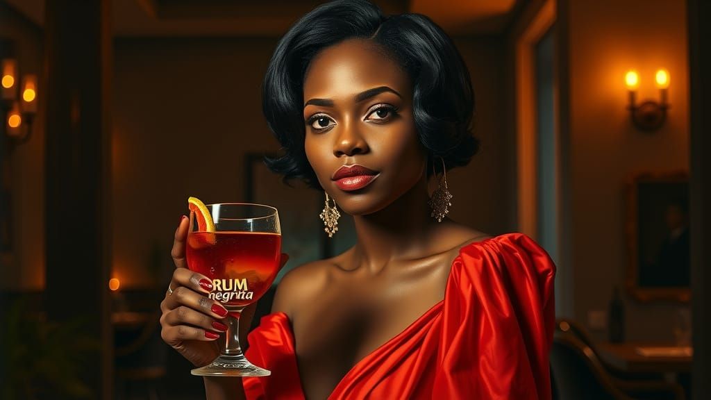 Confident Dark-Skinned Woman in Red Dress with Rhum Negrita