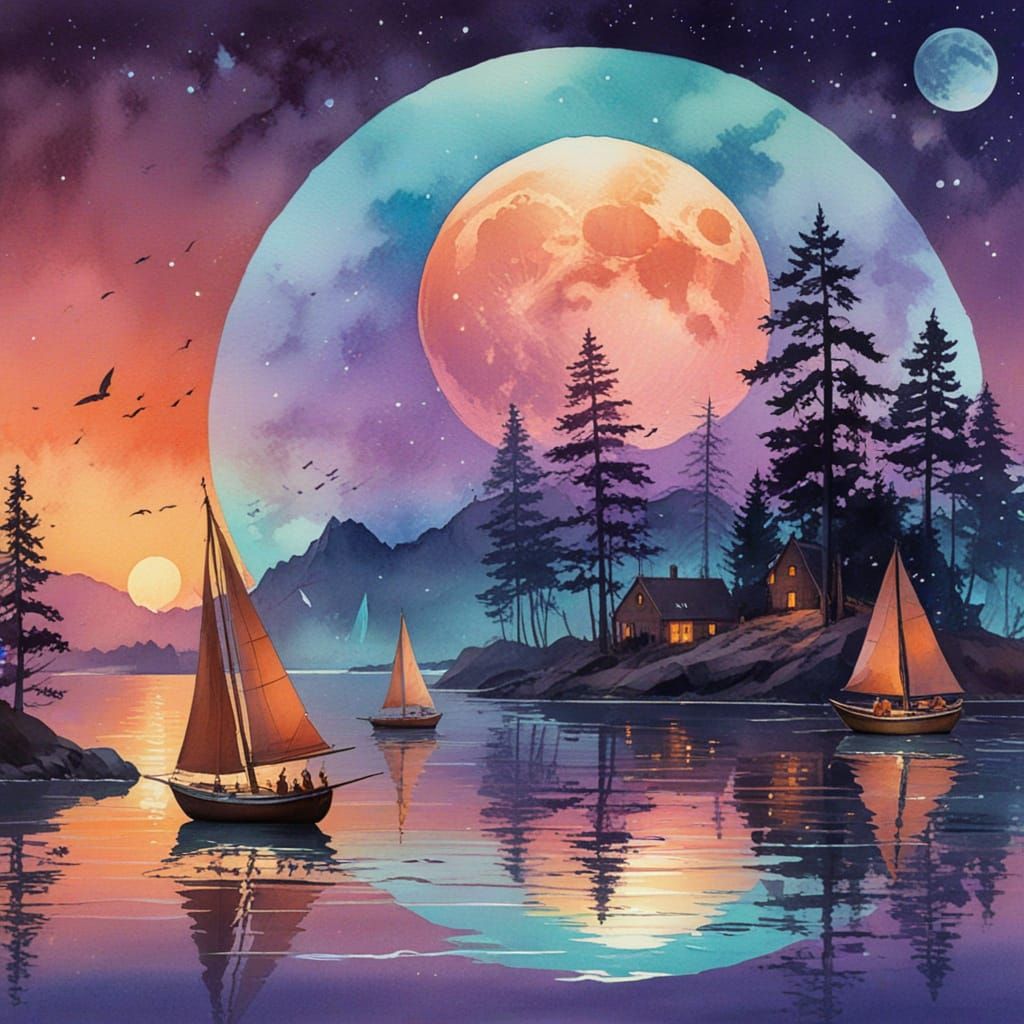 Whimsical Full Moon Scene with Sailboats and Celestial Creat...