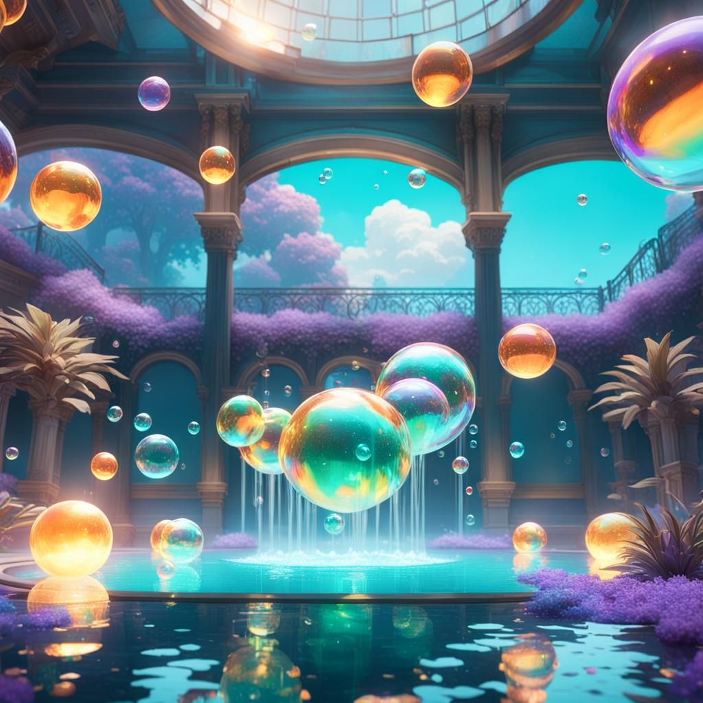 Iridescent Bubbles Over Pool in Art Nouveau Style