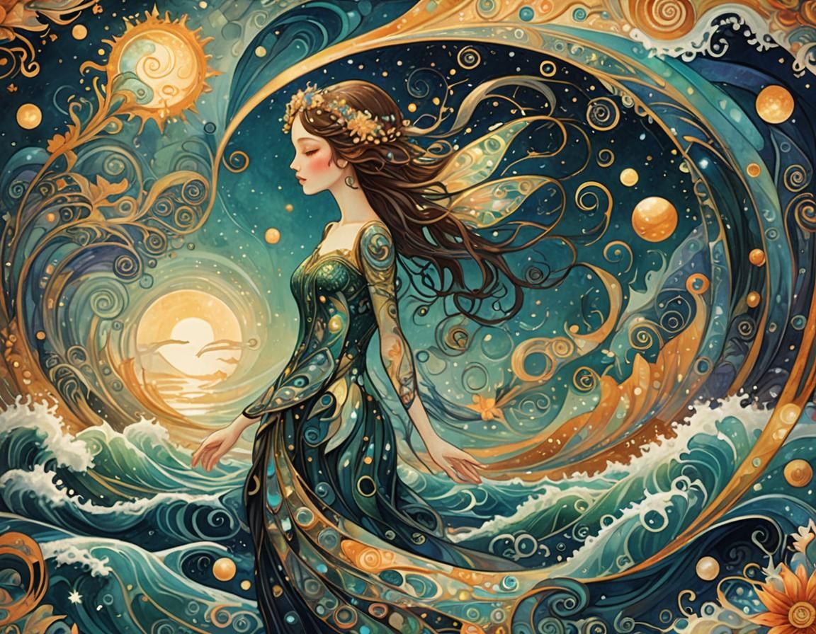 Iridescent Seascape with Fairy in Art Deco Style