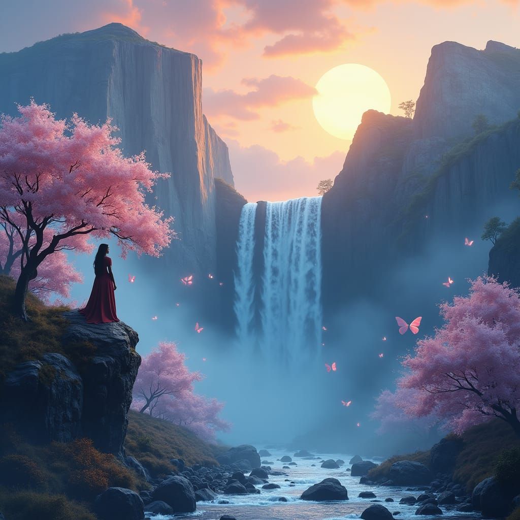 Mountain Waterfall Scene in Detailed Matte Painting Style