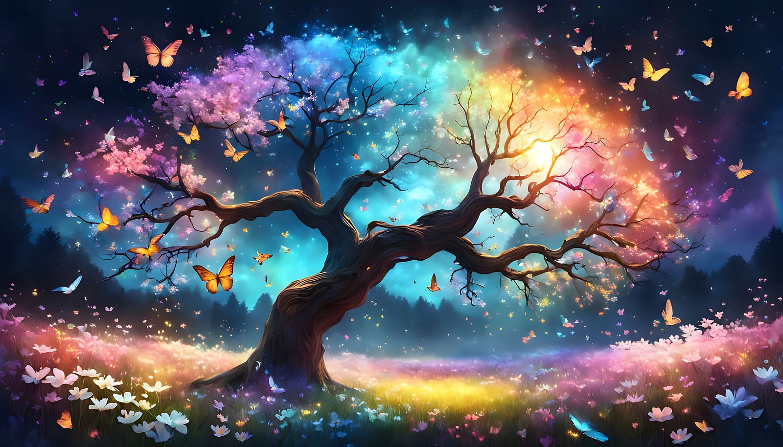 Bioluminescent Flowers with Cherry Blossom Tree