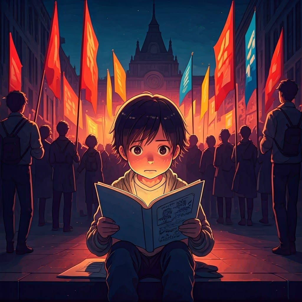 Student Reading Manga During Protest: Anime Style