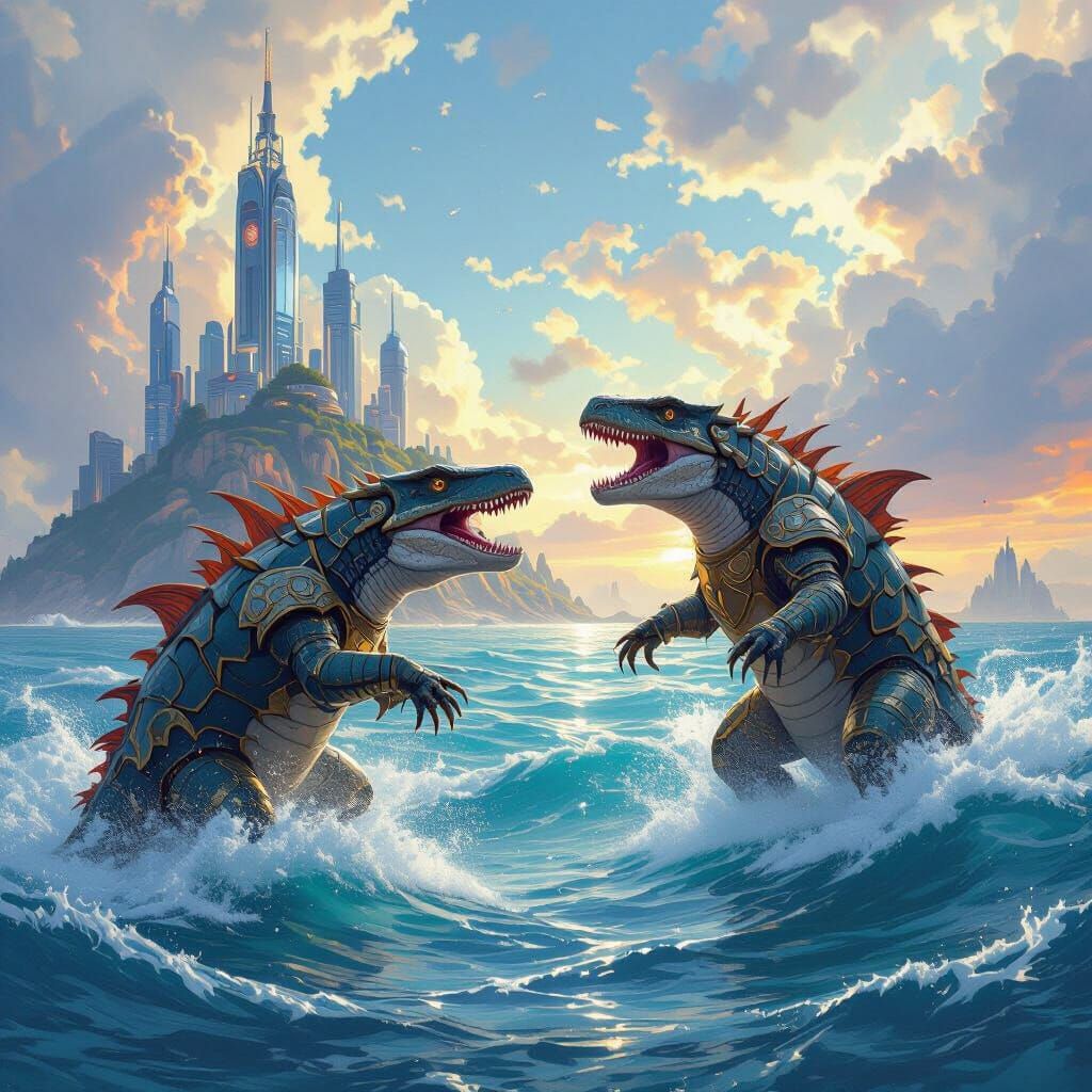 Epic Ichthyosaur Battle in Futuristic Sea Duel