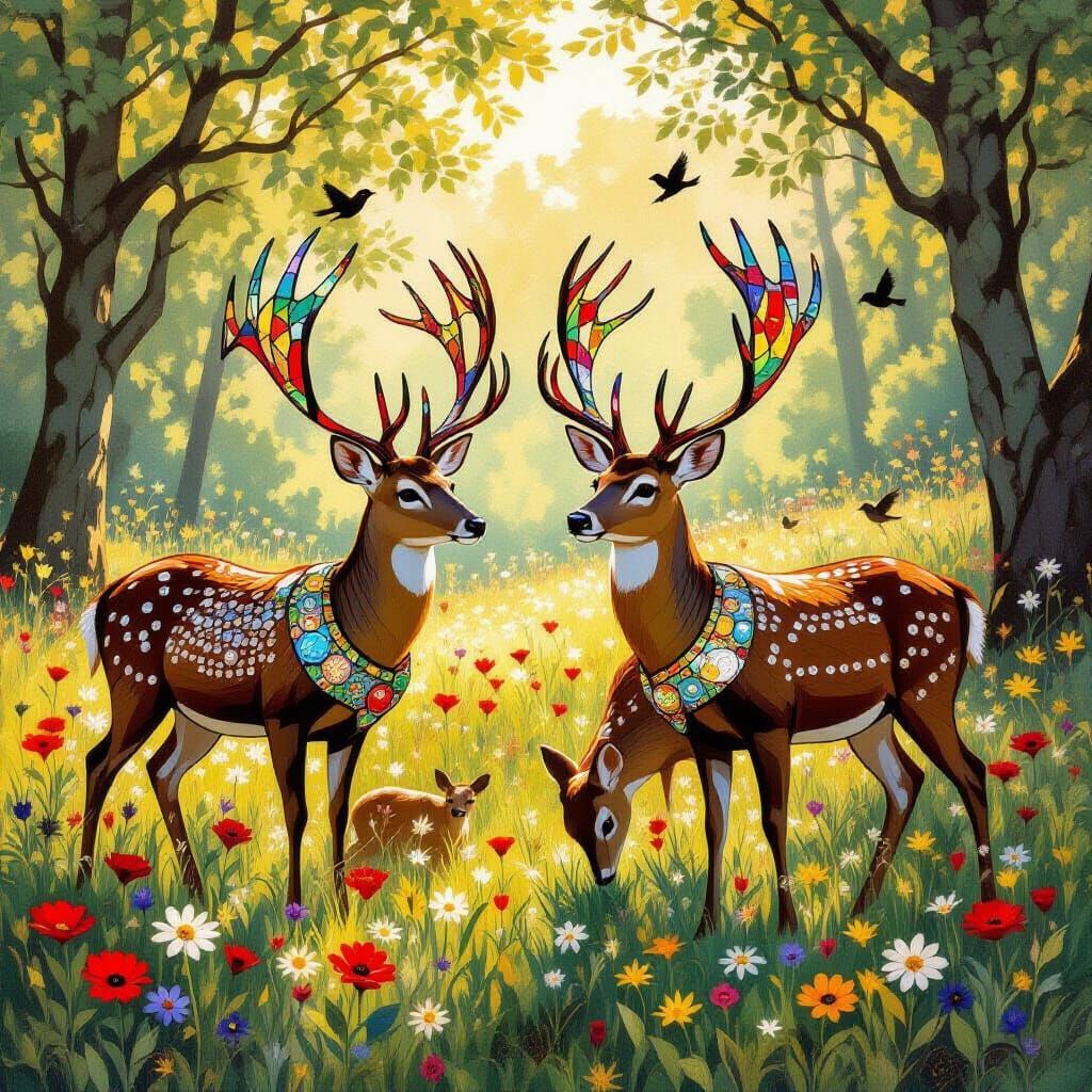Stained Glass Deer in Sunlit Meadow, Art Nouveau Style