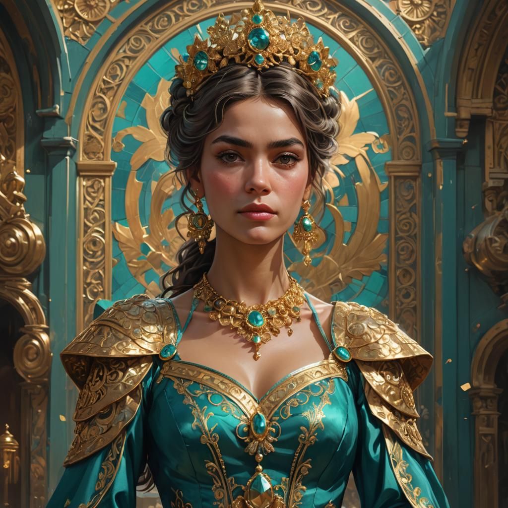 Spanish Queen in Teal and Gold: Hyperdetailed Portrait