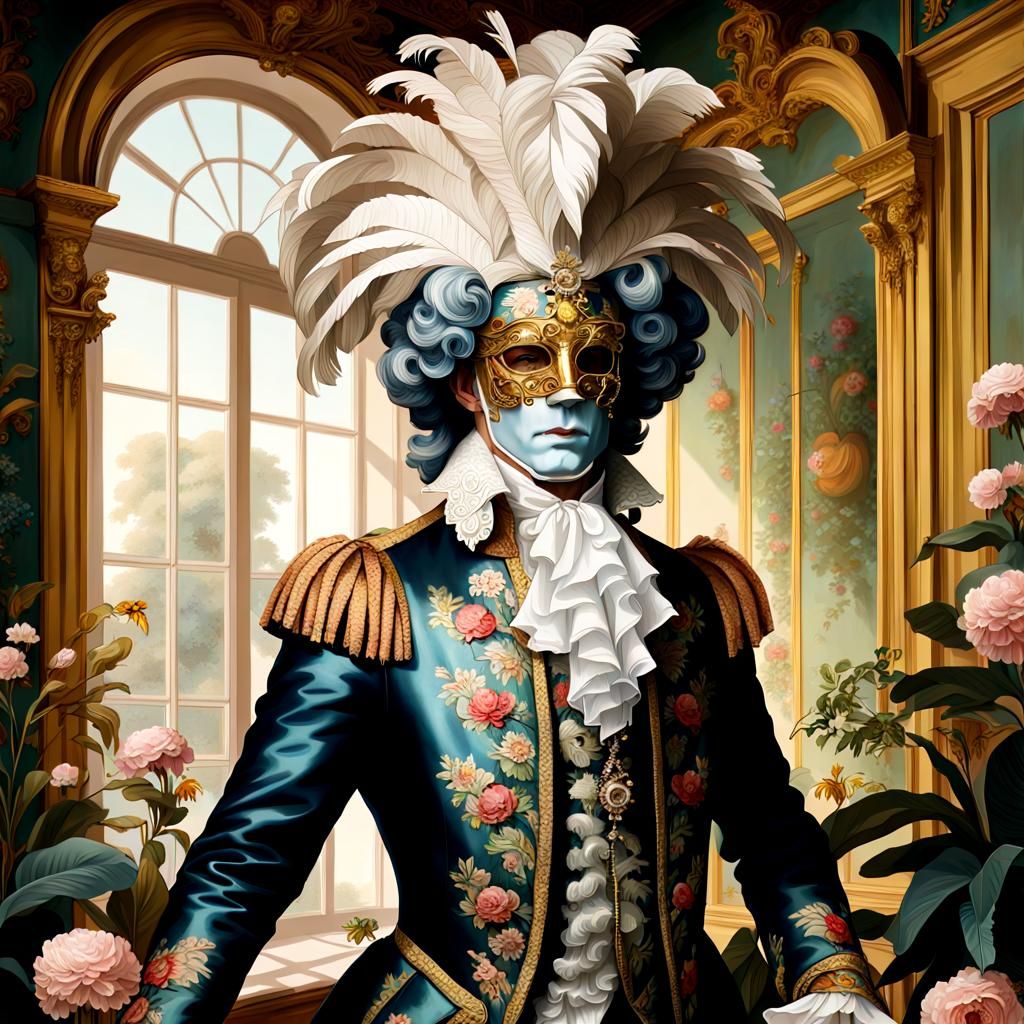 Baroque Gentleman with Mask in Ornate Room