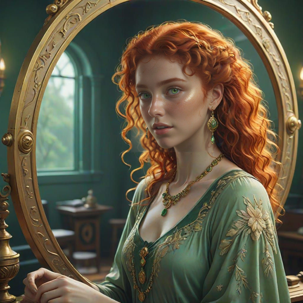 Goddess with Whimsical Red Locks in Fantastical Landscapes