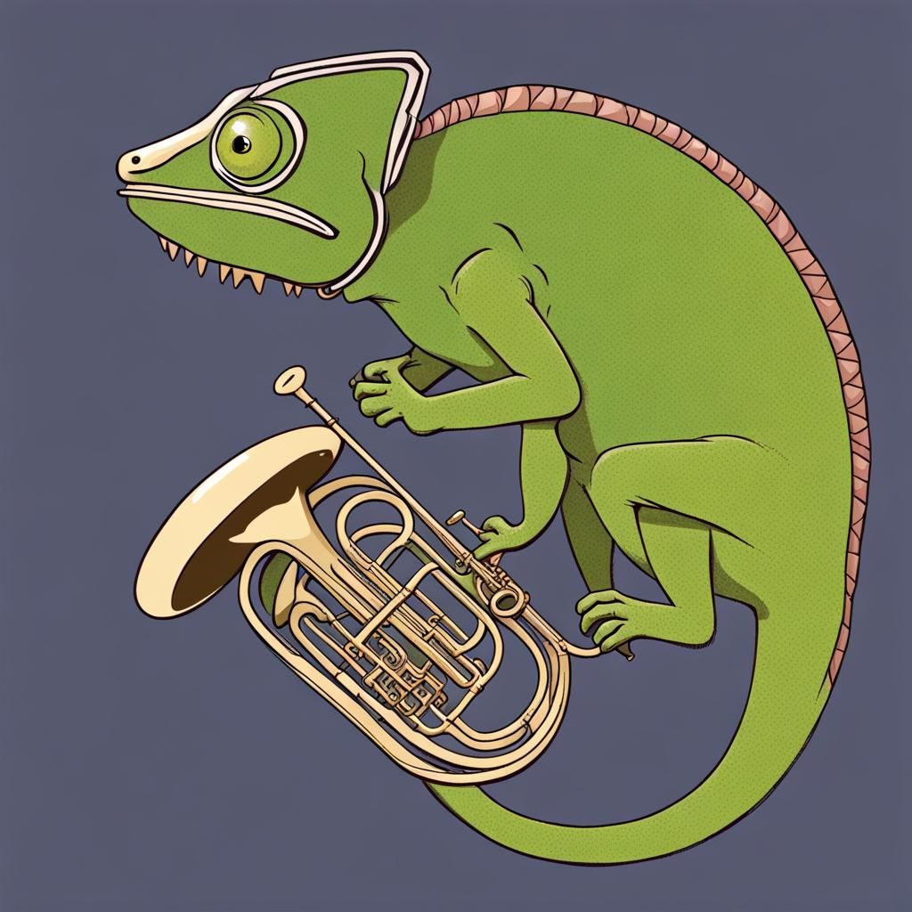 Chameleon Plays French Horn: AI-Generated Image