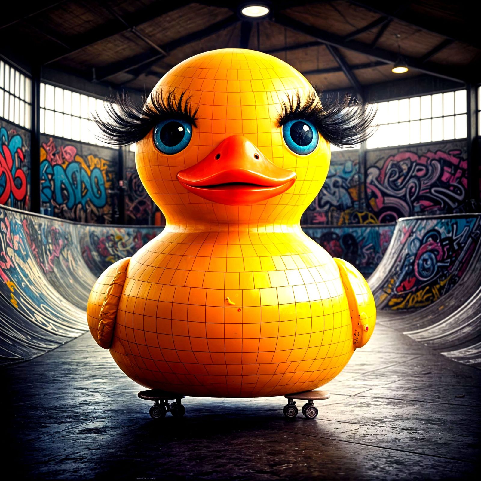 Glamorous Disco Ball Rubber Duck Skates through Graffiti Ska...