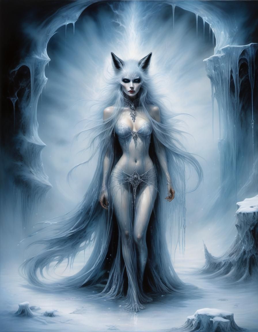 Sinister Ice Witch with Fox in Oil Painting Style