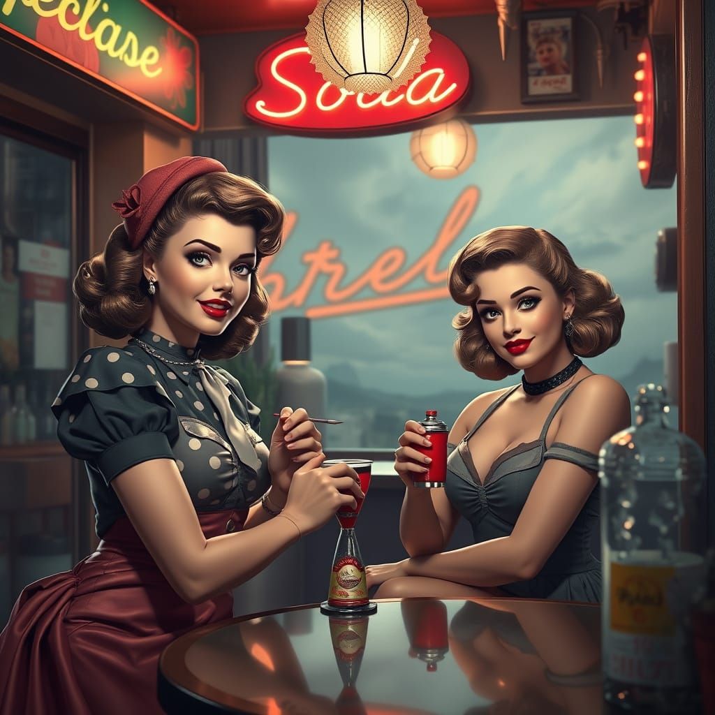 Glamorous Pin Up Girls in a Vintage Soda Shop Scene