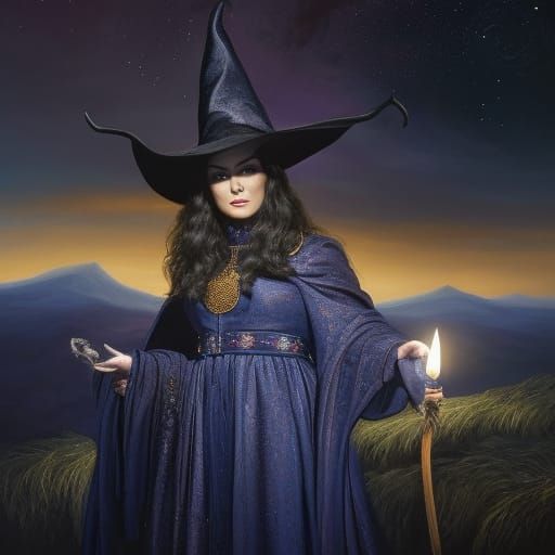 Witch Conjuring Satan Under Starry Night