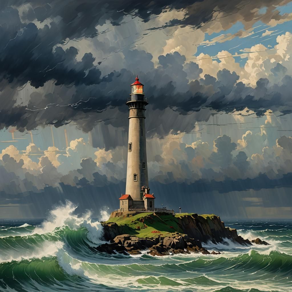 Lighthouse Against Stormy Sky, Animated Impressionism
