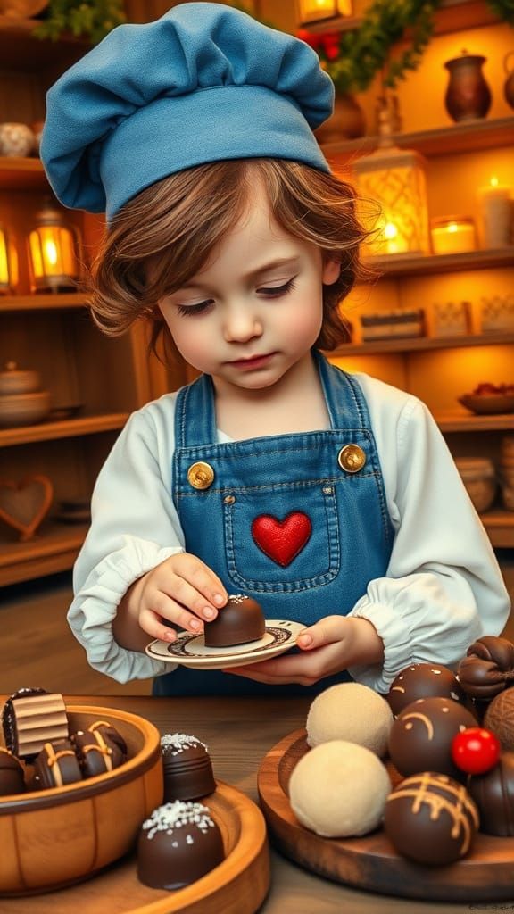 Whimsical Child in Chocolate Shop Attire, Surrounded by Deca...