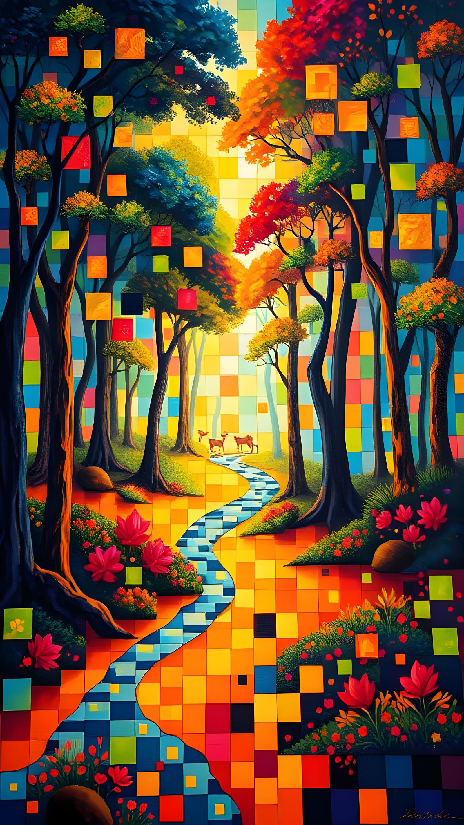 Infinite Square Matrix in Vibrant Dreamscape Forest