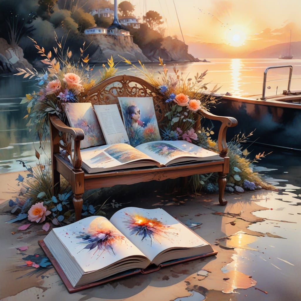 Dreamy Yacht Bench with Book in Impressionistic Style