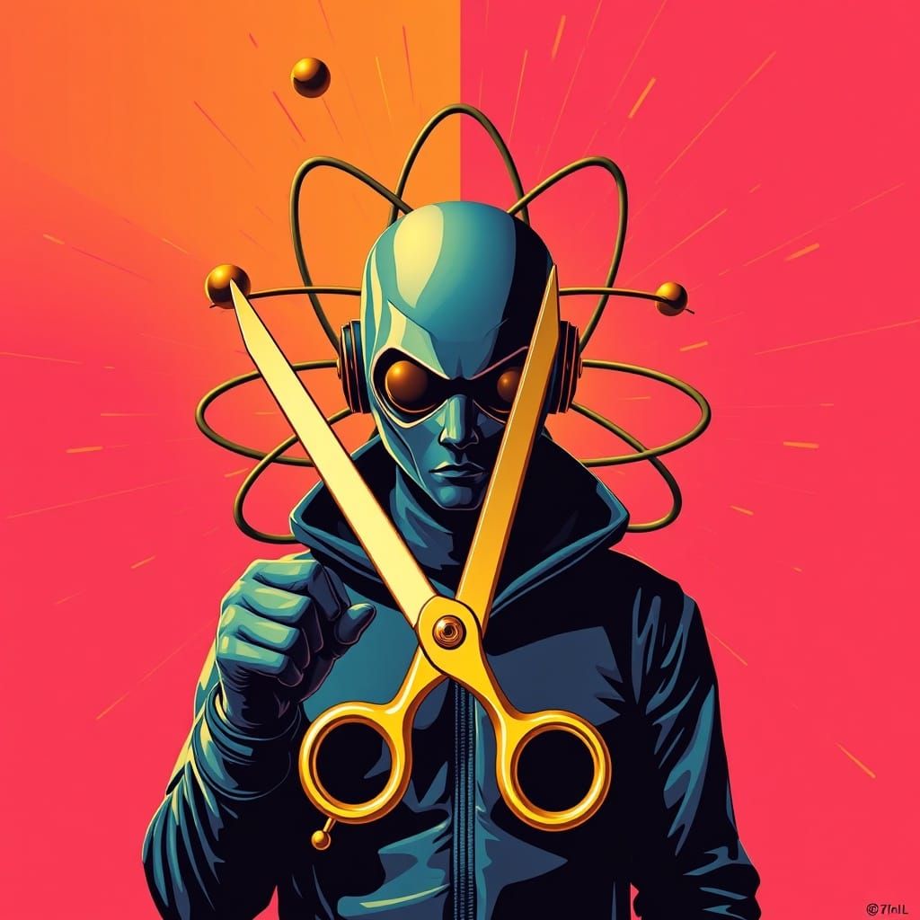 Pop Art Avatar with Golden Scissors and Atom