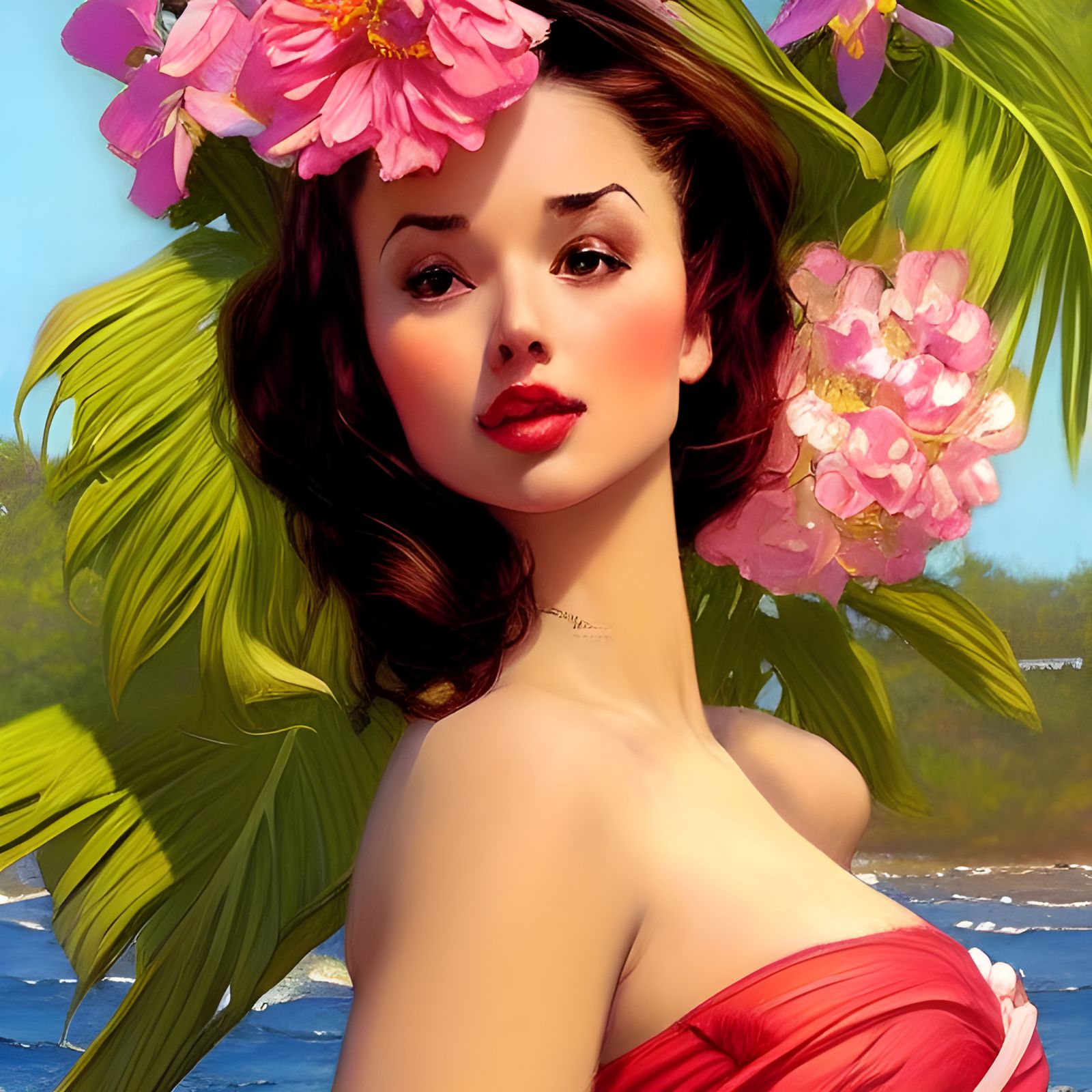 Beautiful Woman Portrait with Flowers on Beach