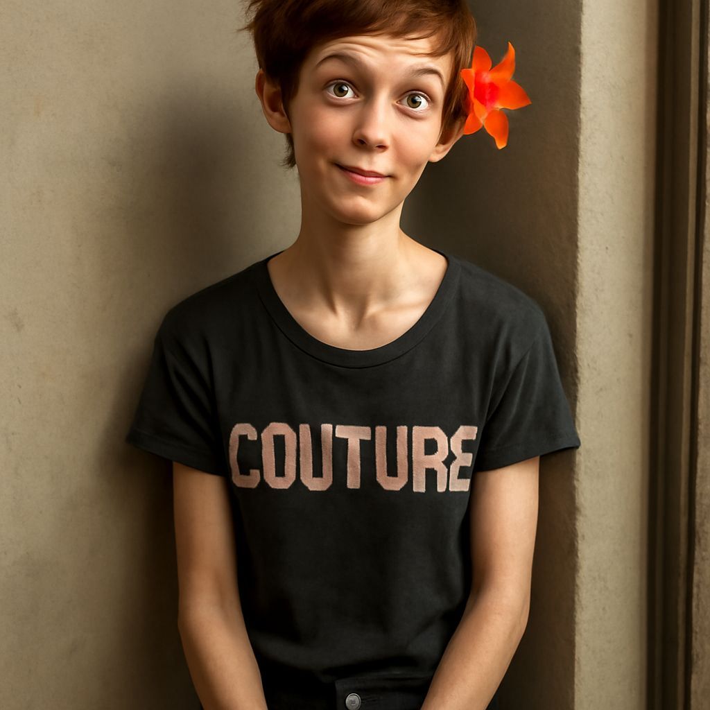 full body tiger lily young 30ish ginger hair freckled cross-eyed sly grin gangly long neck woman grunge couture tshirt m...