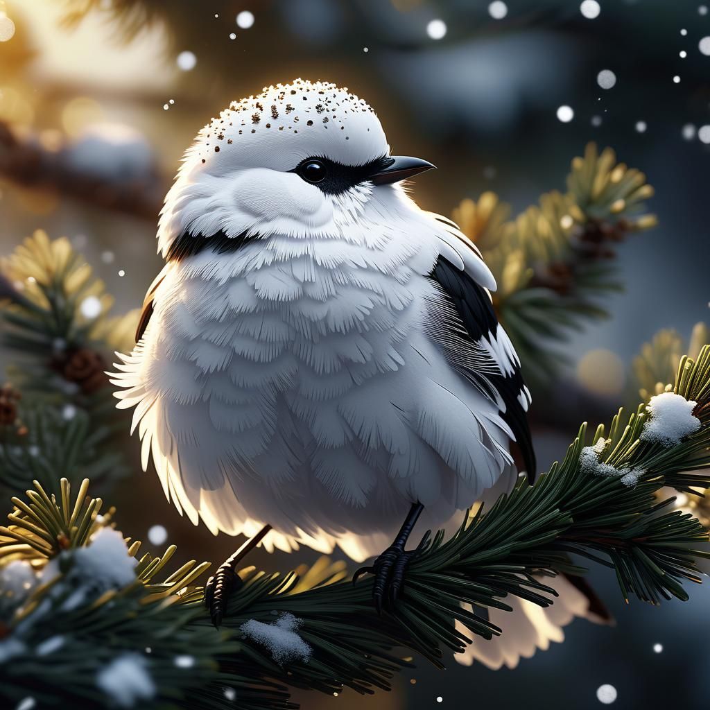Fluffy White Bird on Pine Branch in Winter