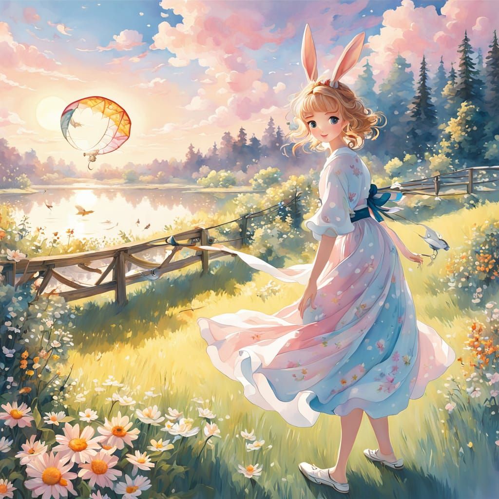 Whimsical Japanese Girl Flies Kite in a Dreamy Summer Scene