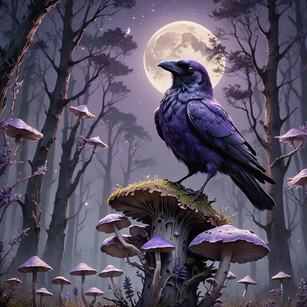 Lavender Raven on Mystic Mushroom, Whimsical Art
