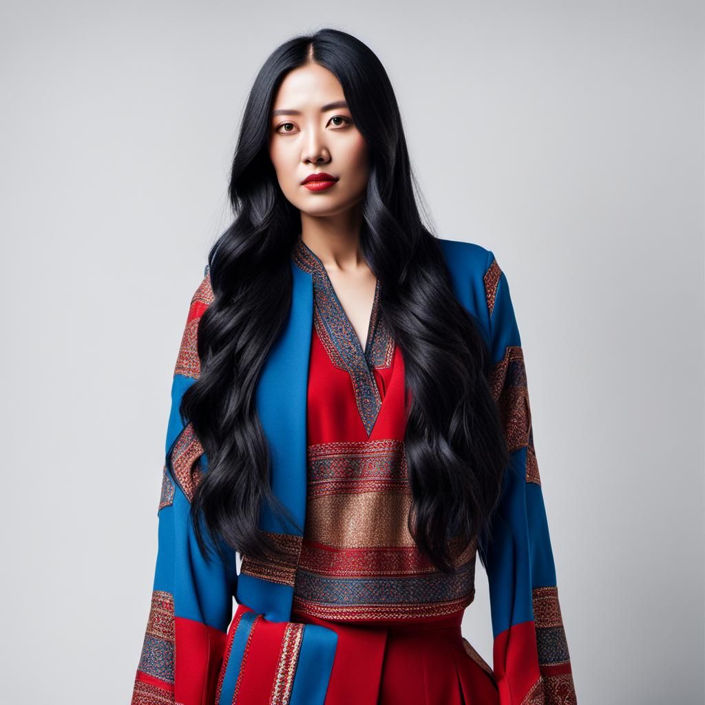 Young Woman in Blue and Red on White