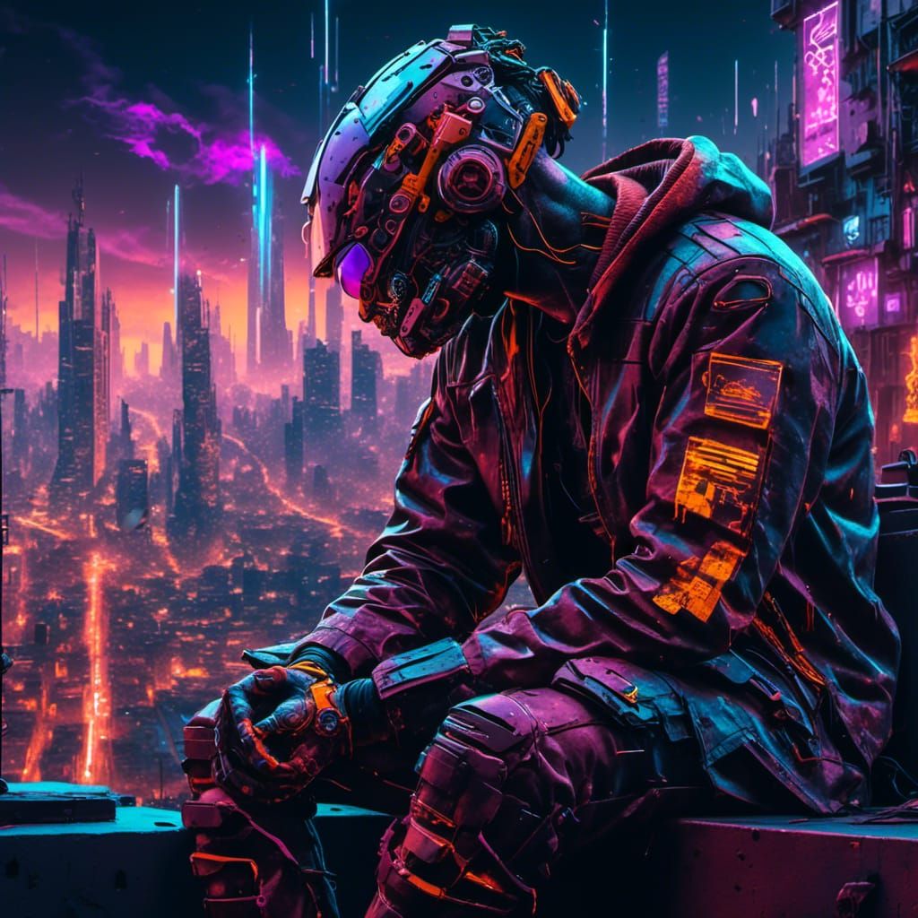 Augmented Man in Dystopian Cyberpunk Cityscape