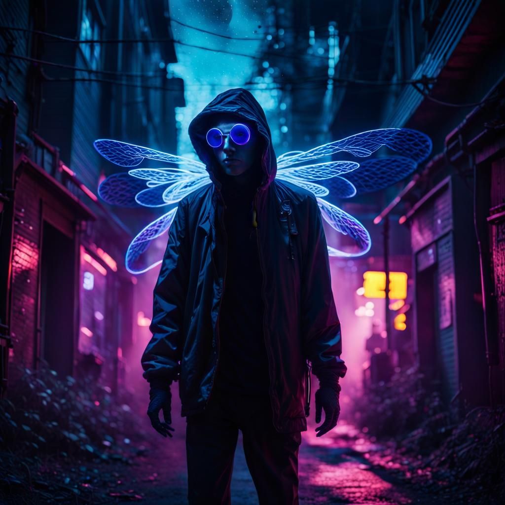 Neon UV Figure with Fireflies in Digital Art