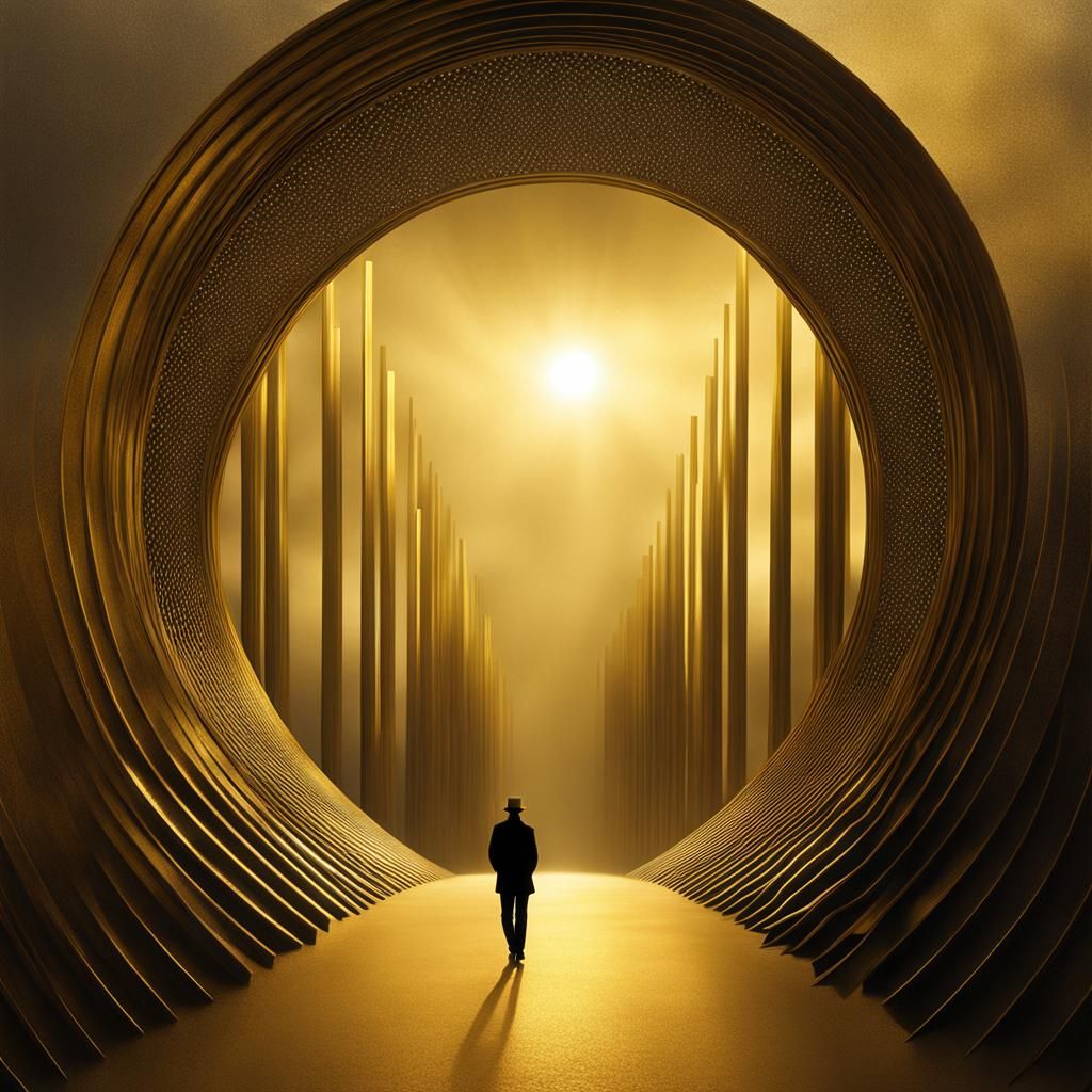 Surreal Dreamscape with Bronze Gateway in Digital Art Style