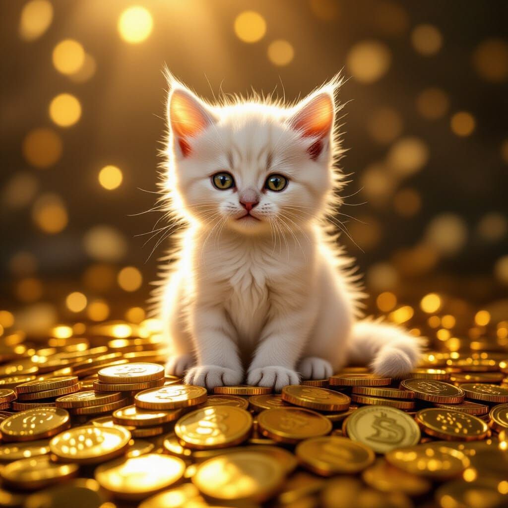 Cute White Kitten on Gold Coins with Golden Hour Glow