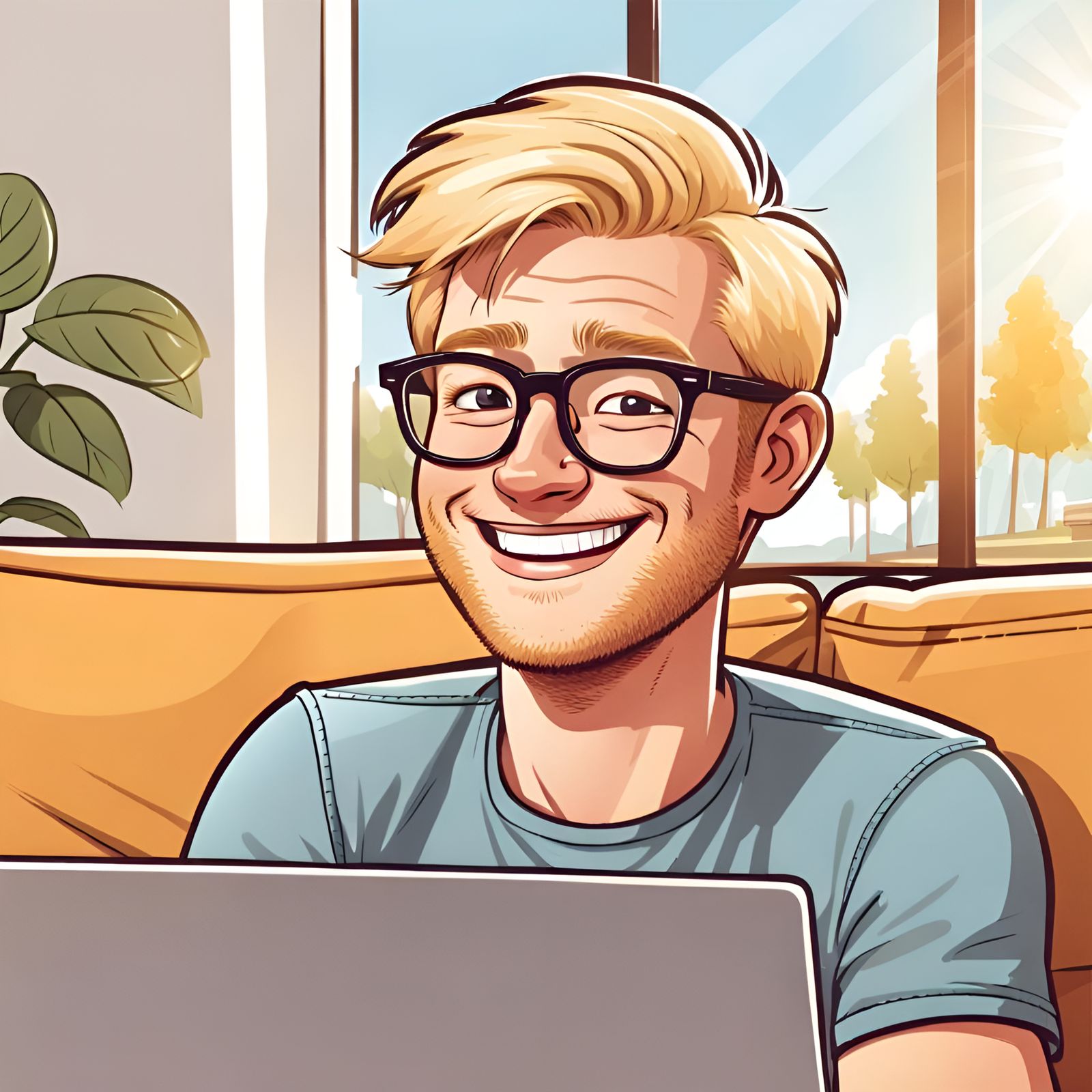 Cartoon Man Working at Laptop on Sunny Day