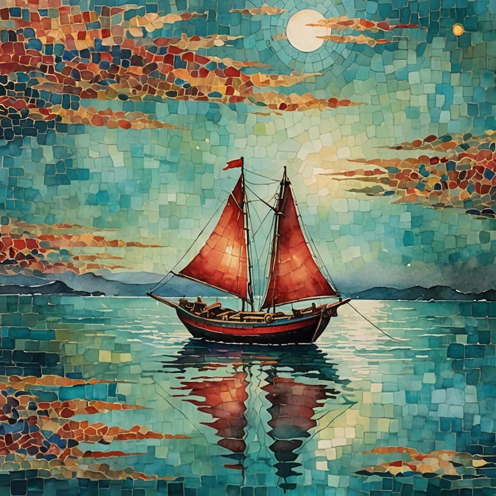 Korean Junk Boat on Teal Mosaic Waters